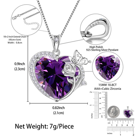 Women Heart Necklace Butterfly Rose Flower Pendant February Birthstone Amethyst Purple 925 Sterling Silver Jewelry Mom Valentine's Day Gifts - Aurora Tears