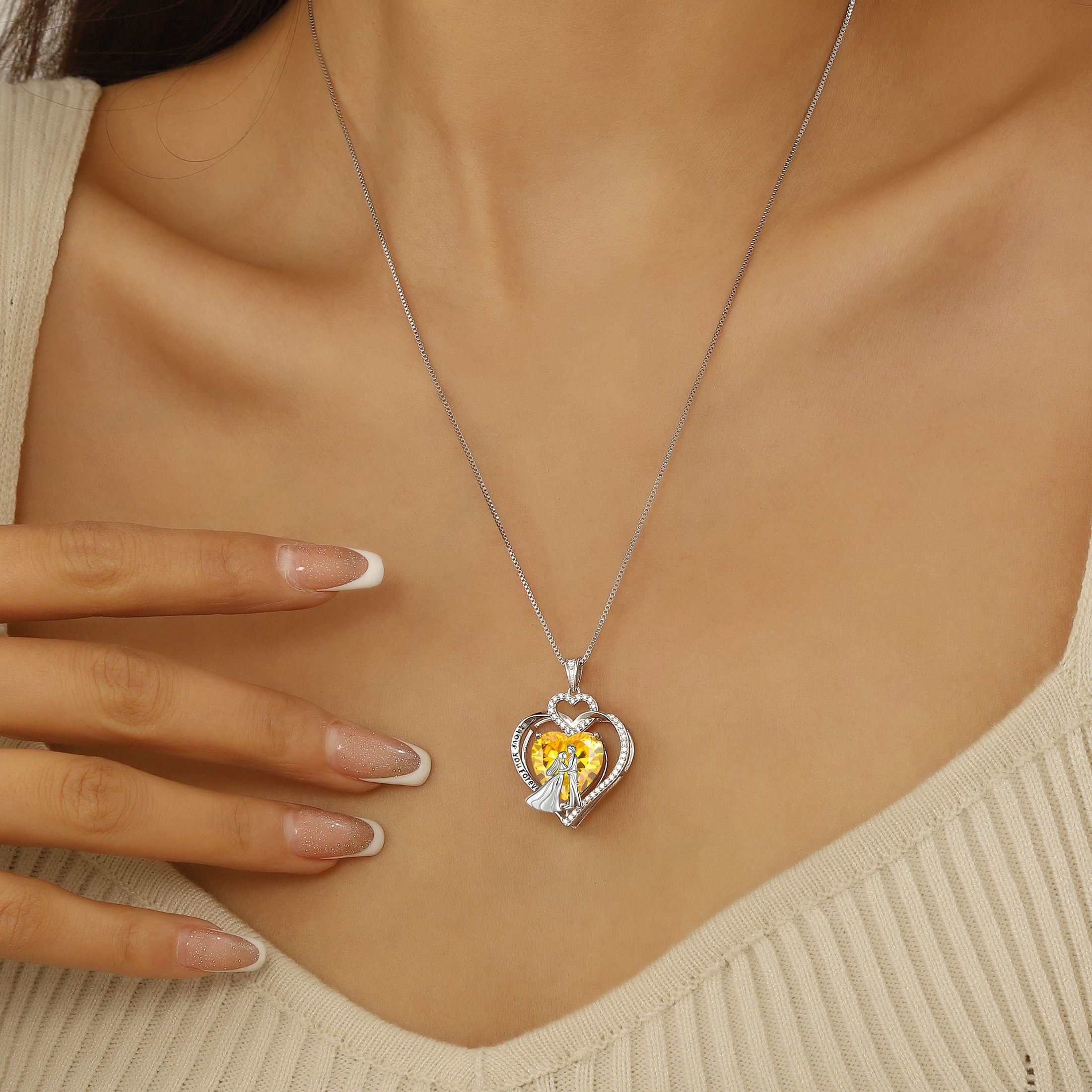 Couple Necklace for Women 925 Sterling Silver Heart November Birthstone Pendant Engraved Love Promise Engagement Jewelry Valentine's Day Gifts for Her Wife Bride - Aurora Tears