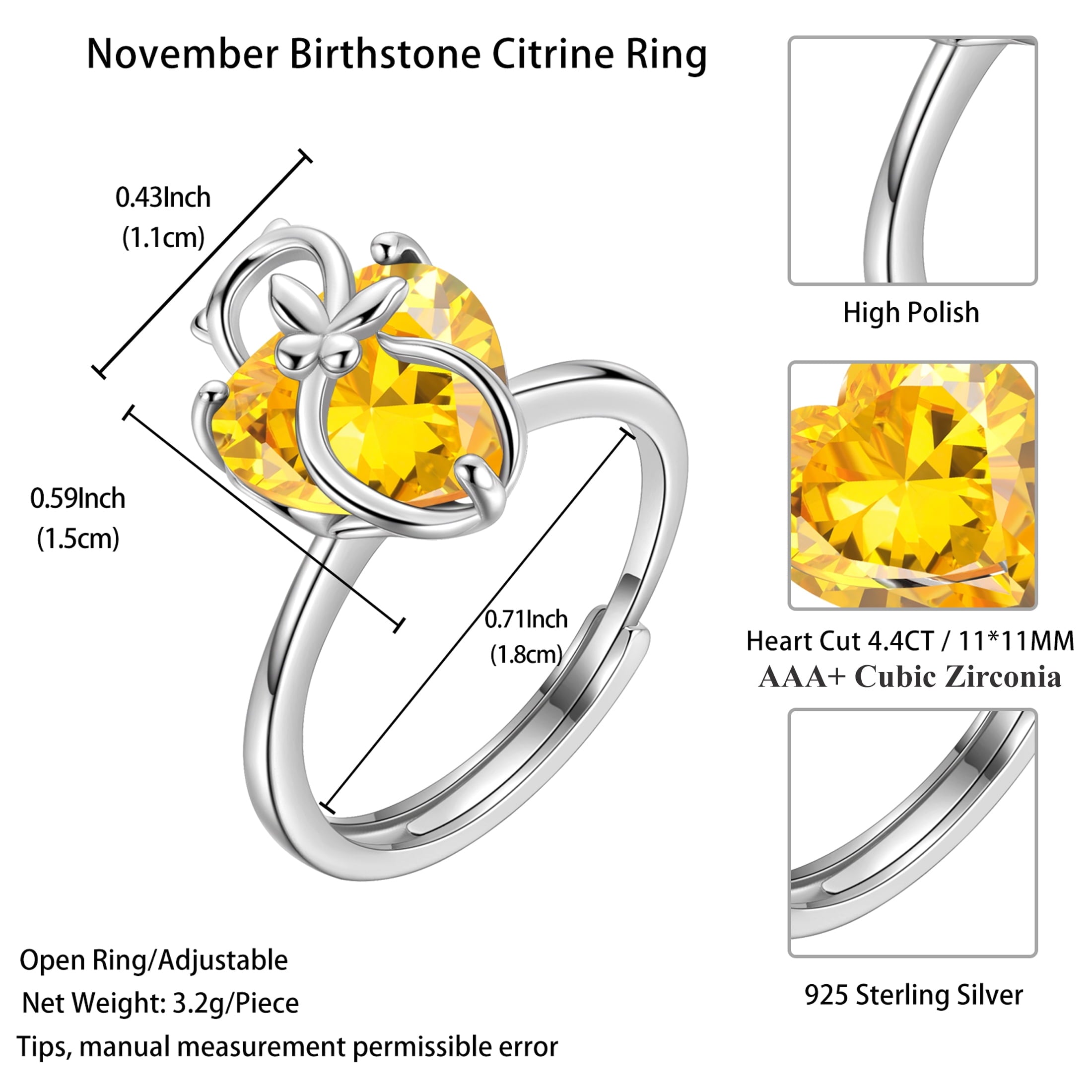 Women Heart Ring 925 Sterling Silver Cat Butterfly November Birthstone Citrine Solitaire Ring Jewelry Christmas Thanksgiving Gift for Mother Cat Lover - Aurora Tears