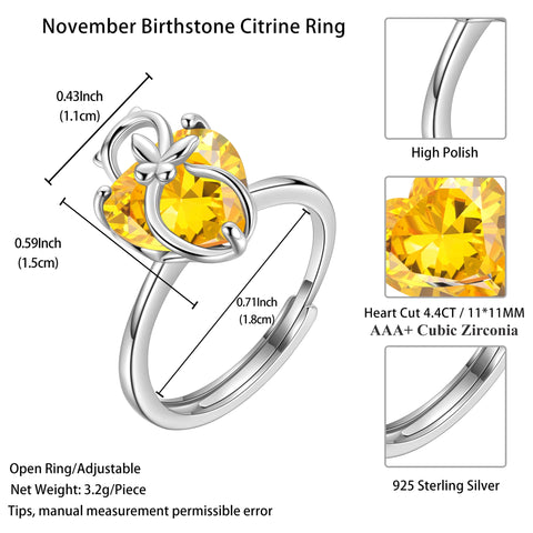Women Heart Ring 925 Sterling Silver Cat Butterfly November Birthstone Citrine Solitaire Ring Jewelry Christmas Thanksgiving Gift for Mother Cat Lover - Aurora Tears