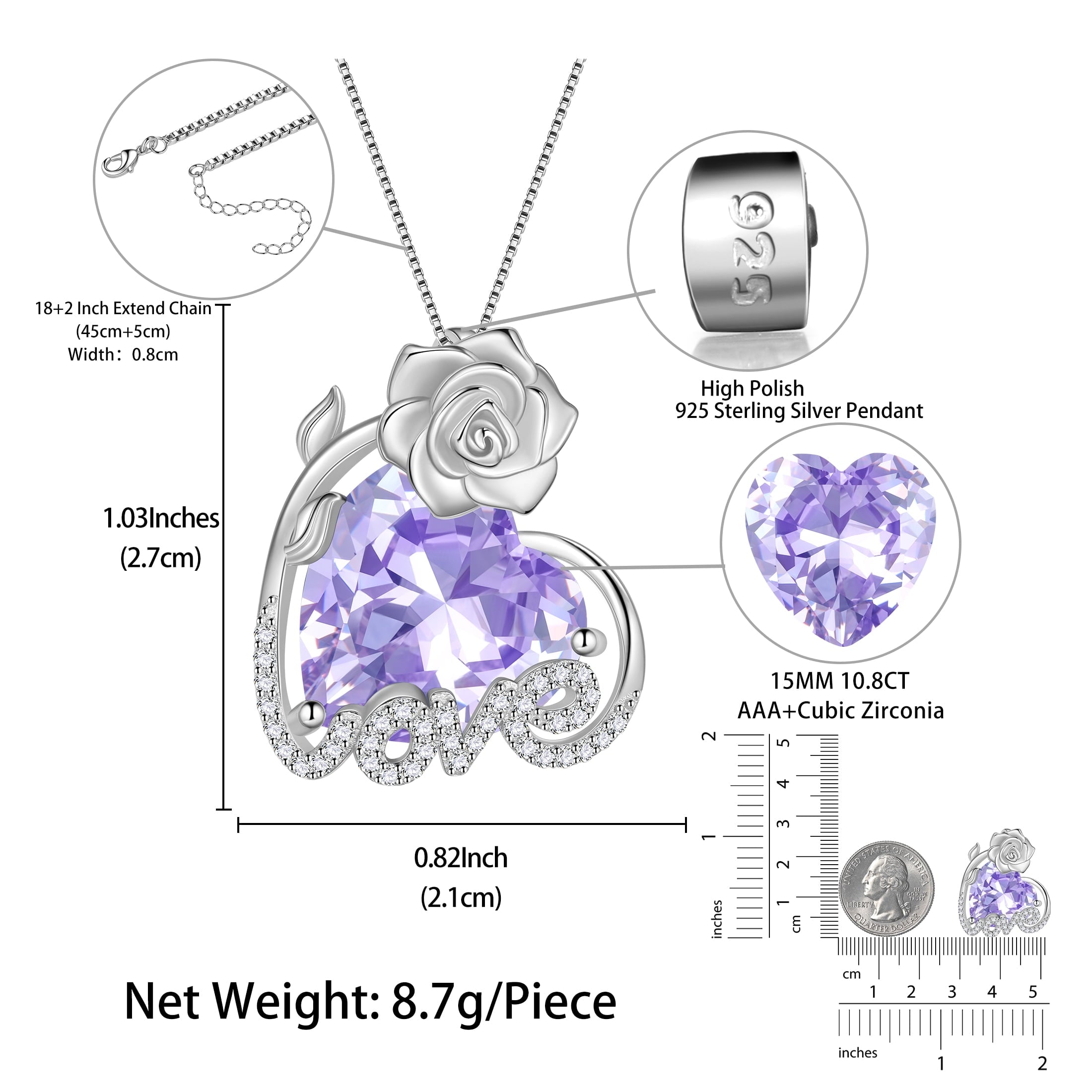 15MM Rose Heart Women Necklace June Birthstone 925 Sterling Silver Flower Love Pendant Purple Alexandrite Jewelry Mom Christmas Valentines Birthday Gift - Aurora Tears