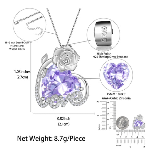 15MM Rose Heart Women Necklace June Birthstone 925 Sterling Silver Flower Love Pendant Purple Alexandrite Jewelry Mom Christmas Valentines Birthday Gift - Aurora Tears
