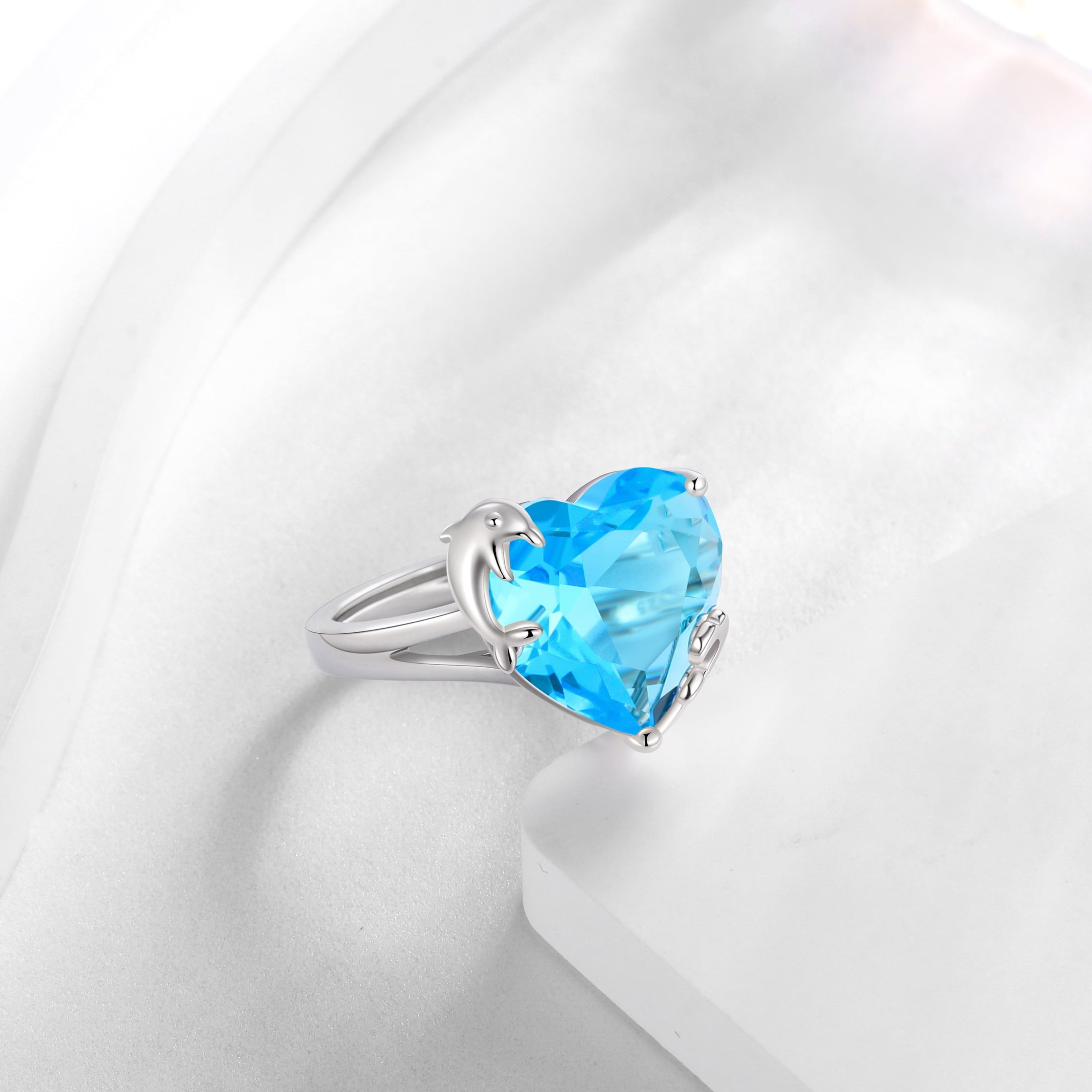 9Ct Women Heart Ring 925 Sterling Silver Dolphin March Birthstone Aquamarine Blue Solitaire Ring Jewelry Birthday Gift for Mother - Aurora Tears