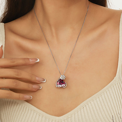 15MM Rose Heart Women Necklace July Birthstone 925 Sterling Silver Flower Love Jewelry Pendant Red Ruby Mother Birthday Christmas Valentine's Day Gift - Aurora Tears