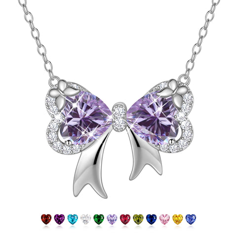 Juwaliy Silver Plated Buttefly Necklace for Women, June Birthstone Alexandrite Purple Bow Tie Pendant Jewelry Christmas Birthday Valentines Gift for Mother/Wife/Daughter