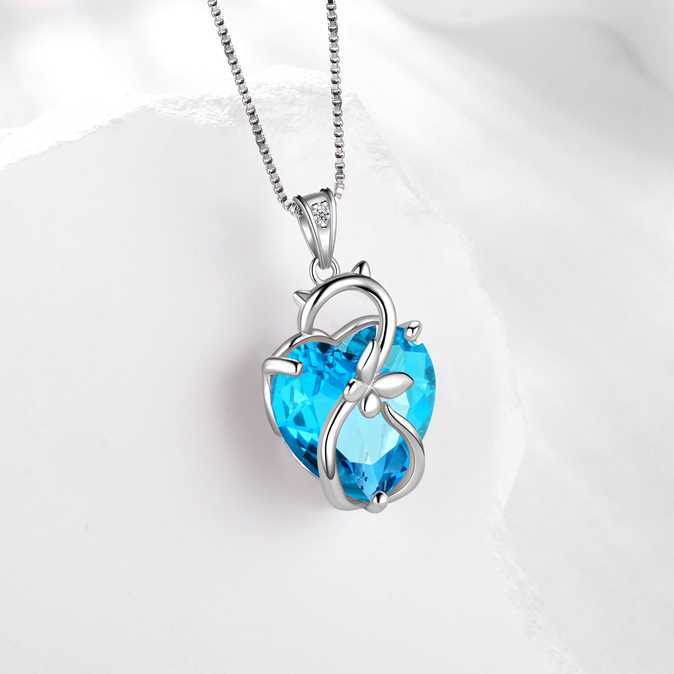 15MM Women Cat Necklace Heart March Birthstone 925 Sterling Silver Pendant Blue Aquamarine Butterfly Jewelry Birthday Gift for Cat Lover - Aurora Tears