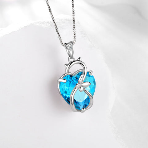 15MM Women Cat Necklace Heart March Birthstone 925 Sterling Silver Pendant Blue Aquamarine Butterfly Jewelry Birthday Gift for Cat Lover - Aurora Tears