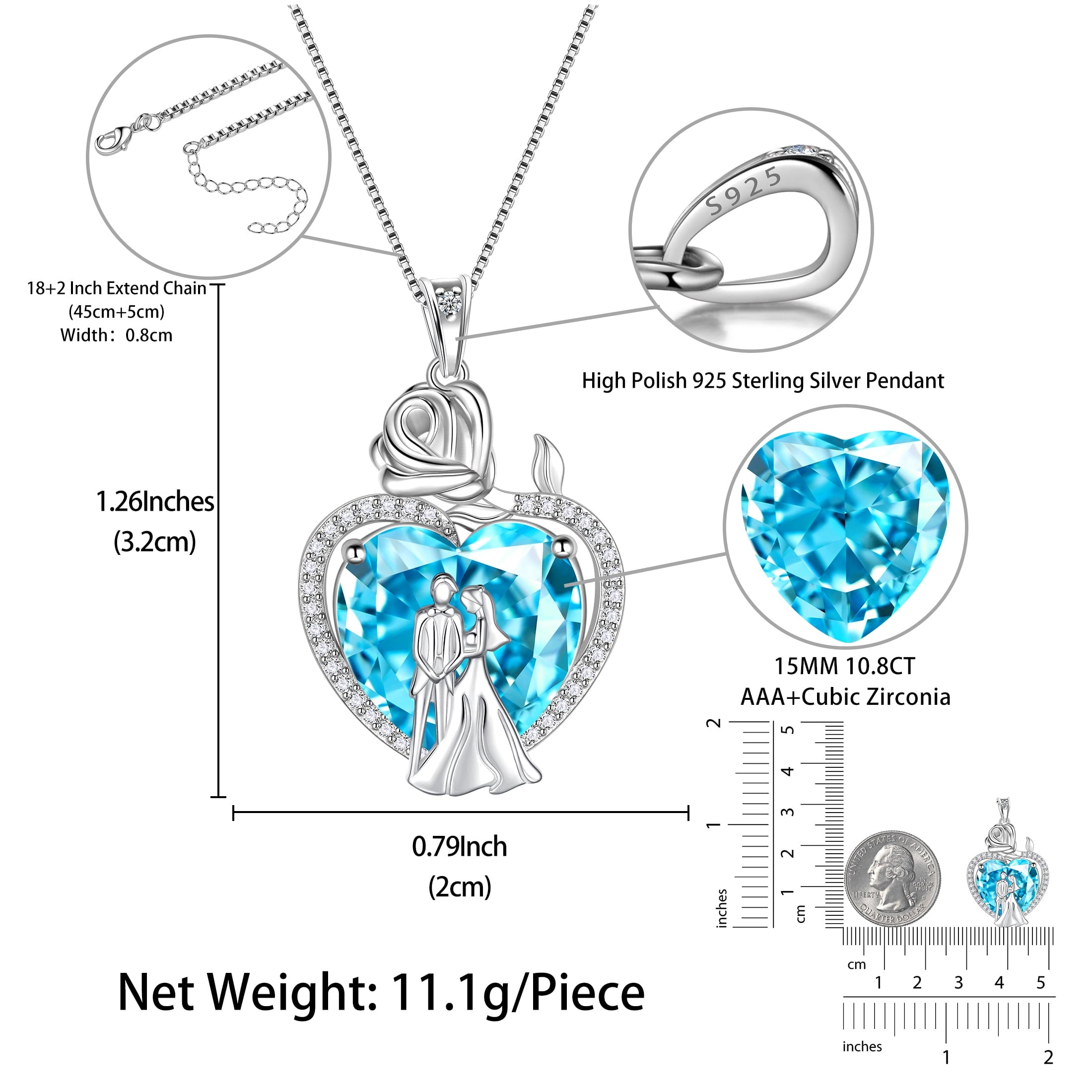 Couple Necklace for Women 925 Sterling Silver 15MM Heart March Birthstone Rose Flower Pendant Wedding Engagement Jewelry Valentine's Day Gifts for Wife Bride Her - Aurora Tears