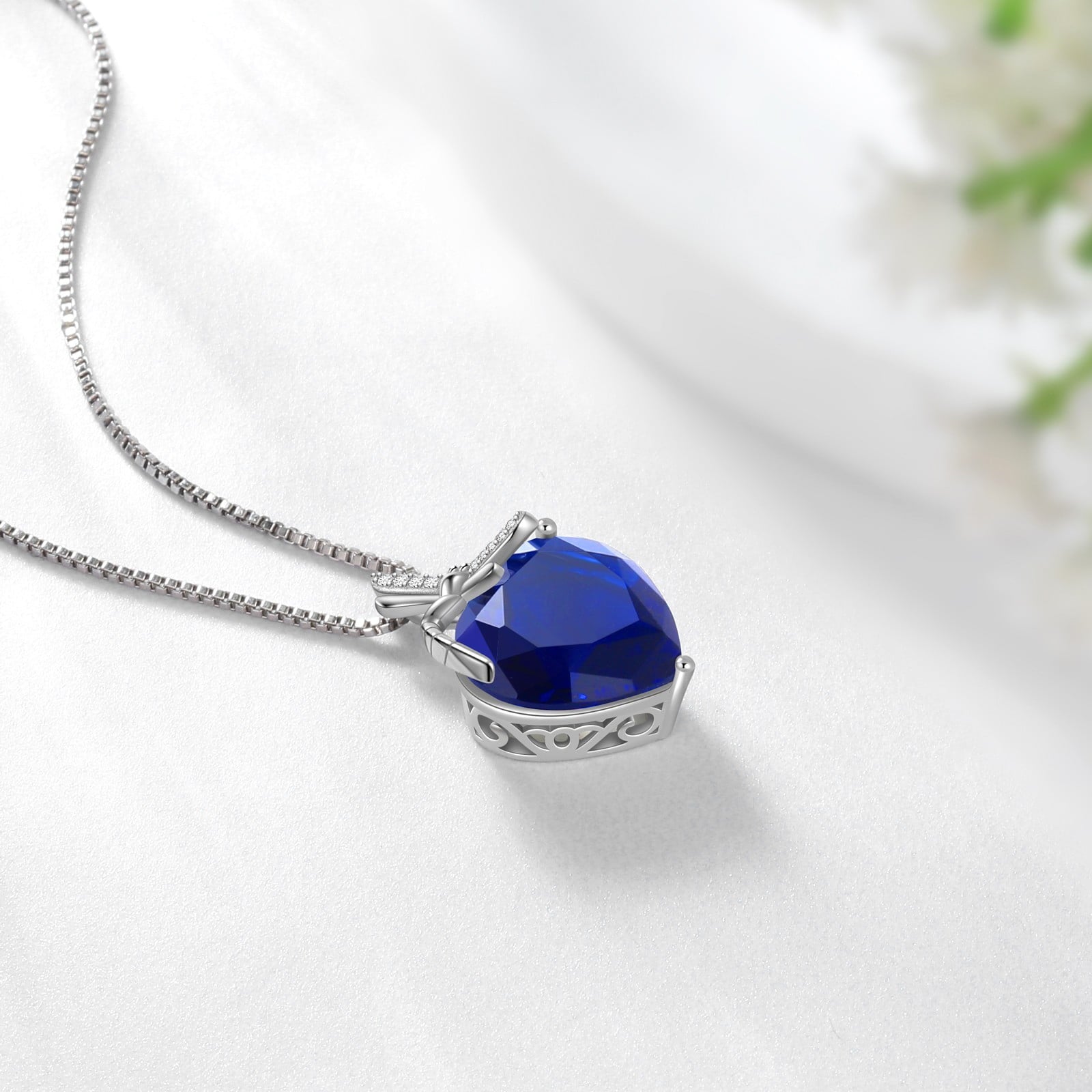Dragonfly Necklace Heart September Birthstone Necklace Sapphire Blue 925 Sterling Silver Pendant Jewelry Women Birthday Christmas Mother's Day Gift - Aurora Tears