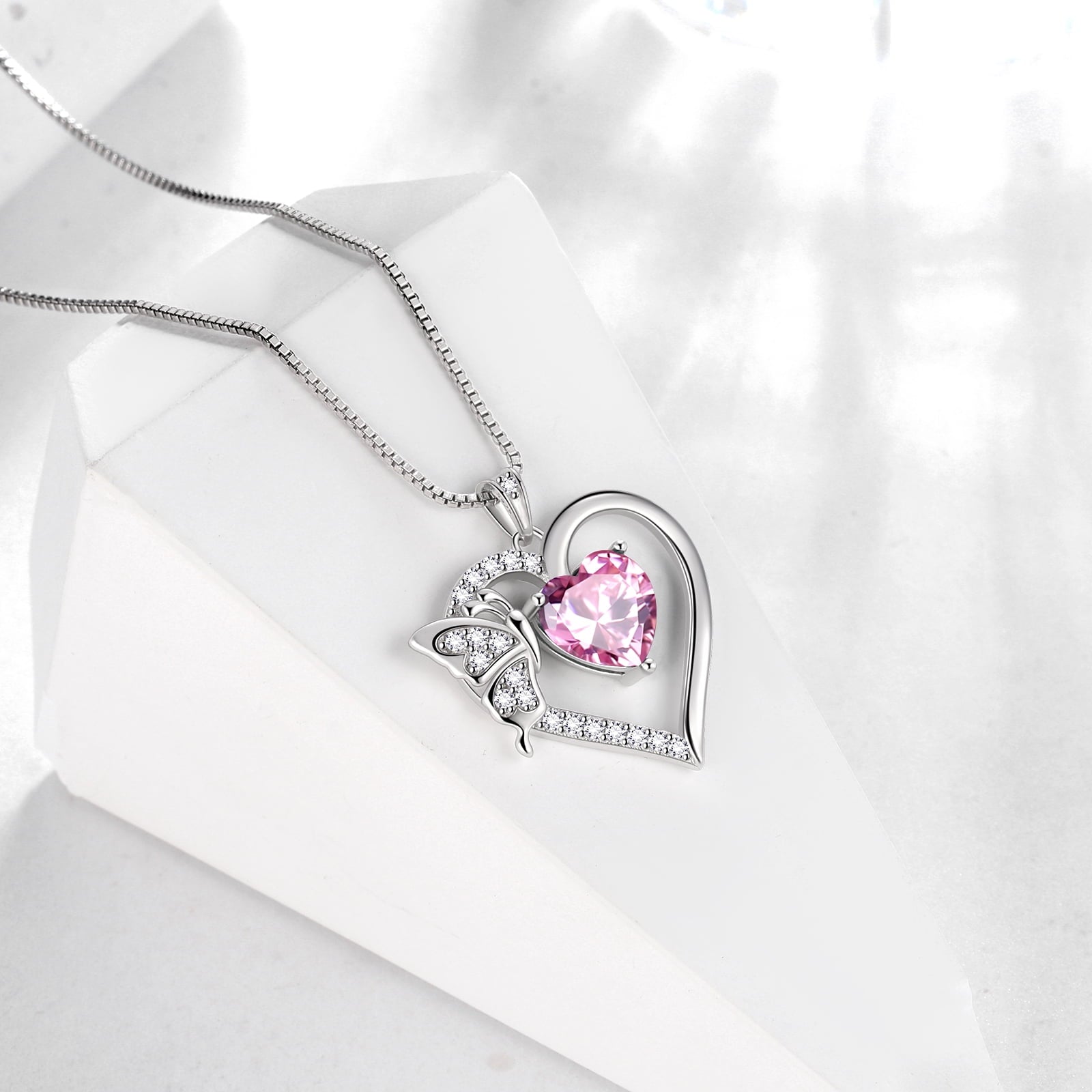 Women Pink Heart Necklace Butterfly October Birthstone Necklace Tourmaline CZ 925 Sterling Silver Pendant Jewelry Birthday Valentine's Day Gift - Aurora Tears