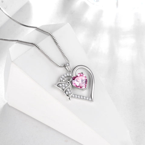Women Pink Heart Necklace Butterfly October Birthstone Necklace Tourmaline CZ 925 Sterling Silver Pendant Jewelry Birthday Valentine's Day Gift - Aurora Tears