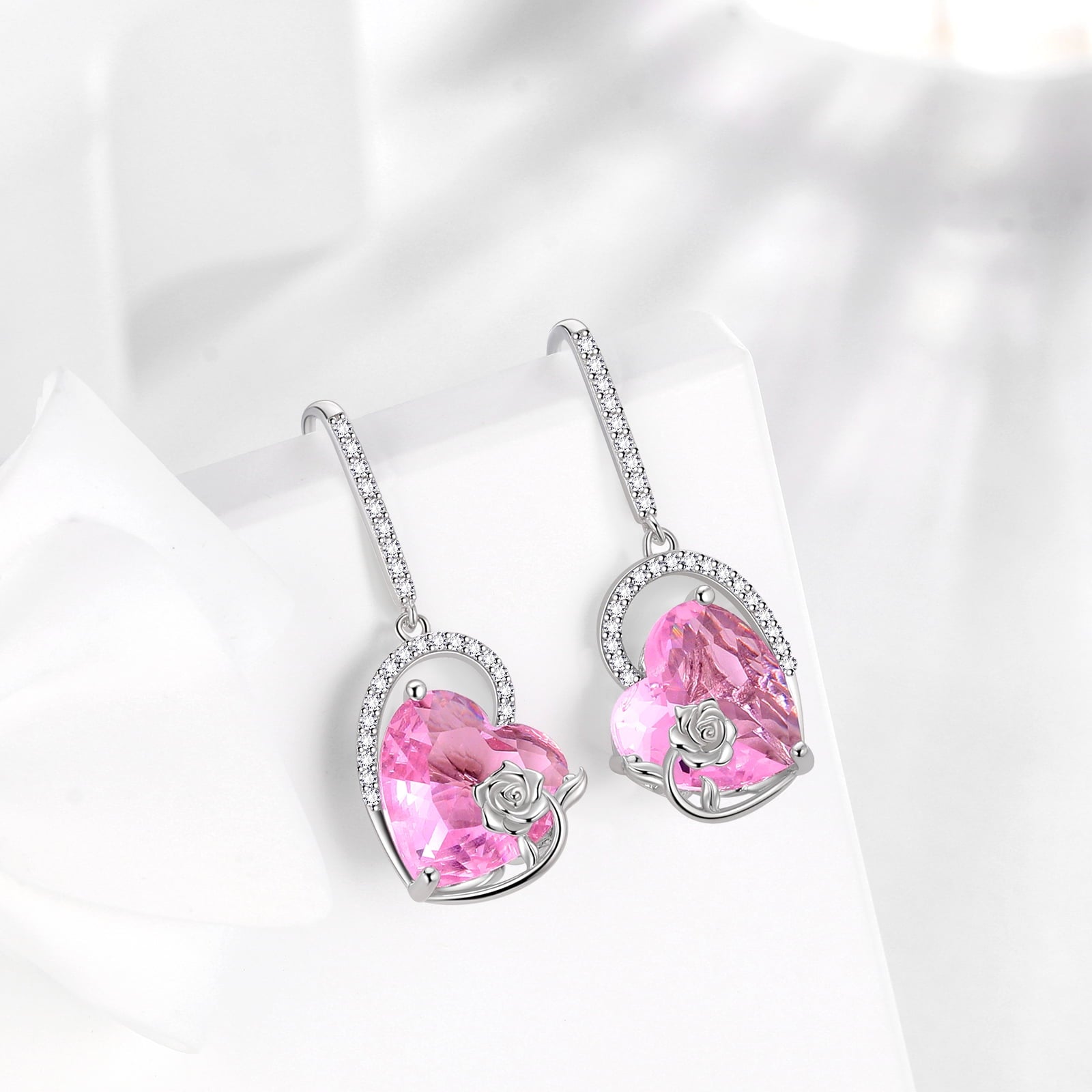 925 Sterling Silver Earrings Women Heart October Birthstone Hook Dangle Earring Tourmaline Pink Rose Jewelry Mother Christmas Valentine's Day Gift - Aurora Tears