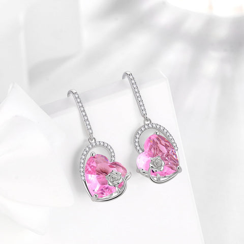 925 Sterling Silver Earrings Women Heart October Birthstone Hook Dangle Earring Tourmaline Pink Rose Jewelry Mother Christmas Valentine's Day Gift - Aurora Tears