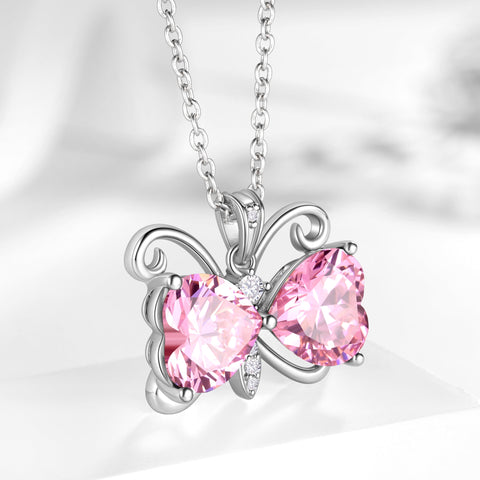 Women Pink Butterfly Necklace Heart October Birthstone Necklace Tourmaline Pendant Jewelry Daughter Wife Birthday Valentine's Day Gift Idea - Aurora Tears