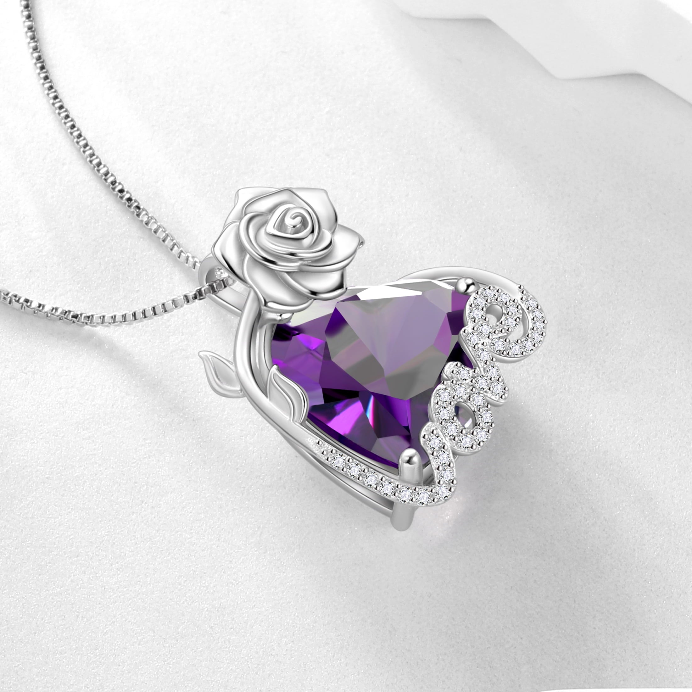 15MM Rose Heart Women Necklace February Birthstone 925 Sterling Silver Love Pendant Purple Amethyst Jewelry Mom Valentine's Day Gift for Wife Girlfriend - Aurora Tears