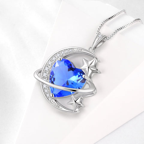 13MM Women Moon Star Necklace Heart December Birthstone 925 Sterling Silver Pendant Blue Tanzanite planet Jewelry Christmas Valentine Birthday Gift for Daughter/Mother/Wife - Aurora Tears