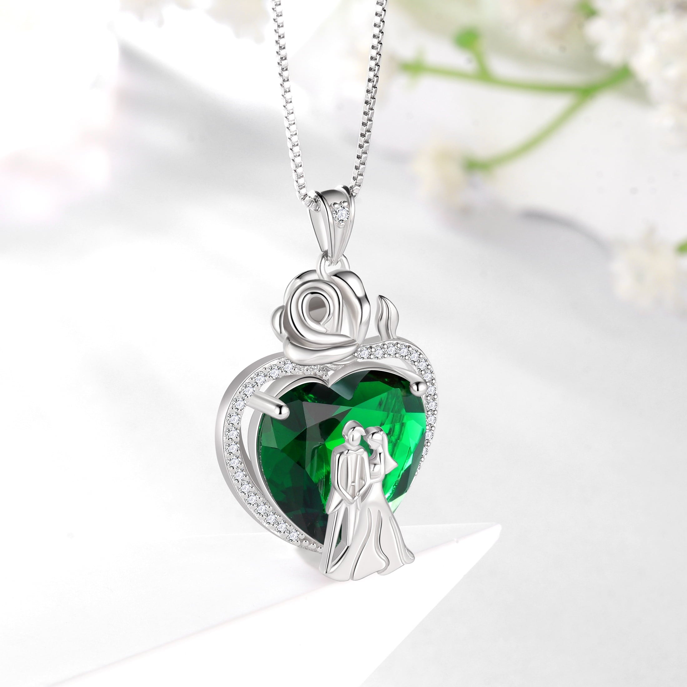 Couple Necklace for Women 925 Sterling Silver 15MM Heart May Birthstone Rose Flower Pendant Wedding Engagement Jewelry Valentines Day Gift for Her Wife/Girlfriend - Aurora Tears