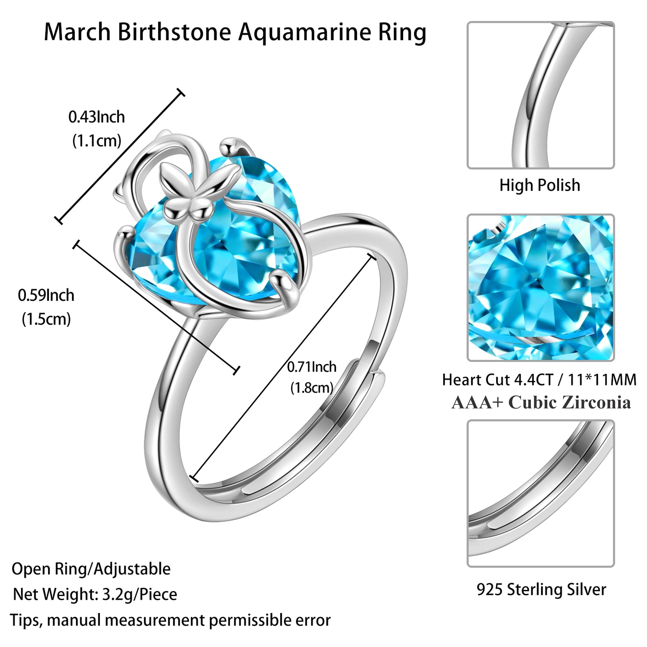 Women Heart Ring 925 Sterling Silver Butterfly March Birthstone Aquamarine Blue Solitaire Ring Jewelry Birthday Gift for Cat Lover Mother - Aurora Tears