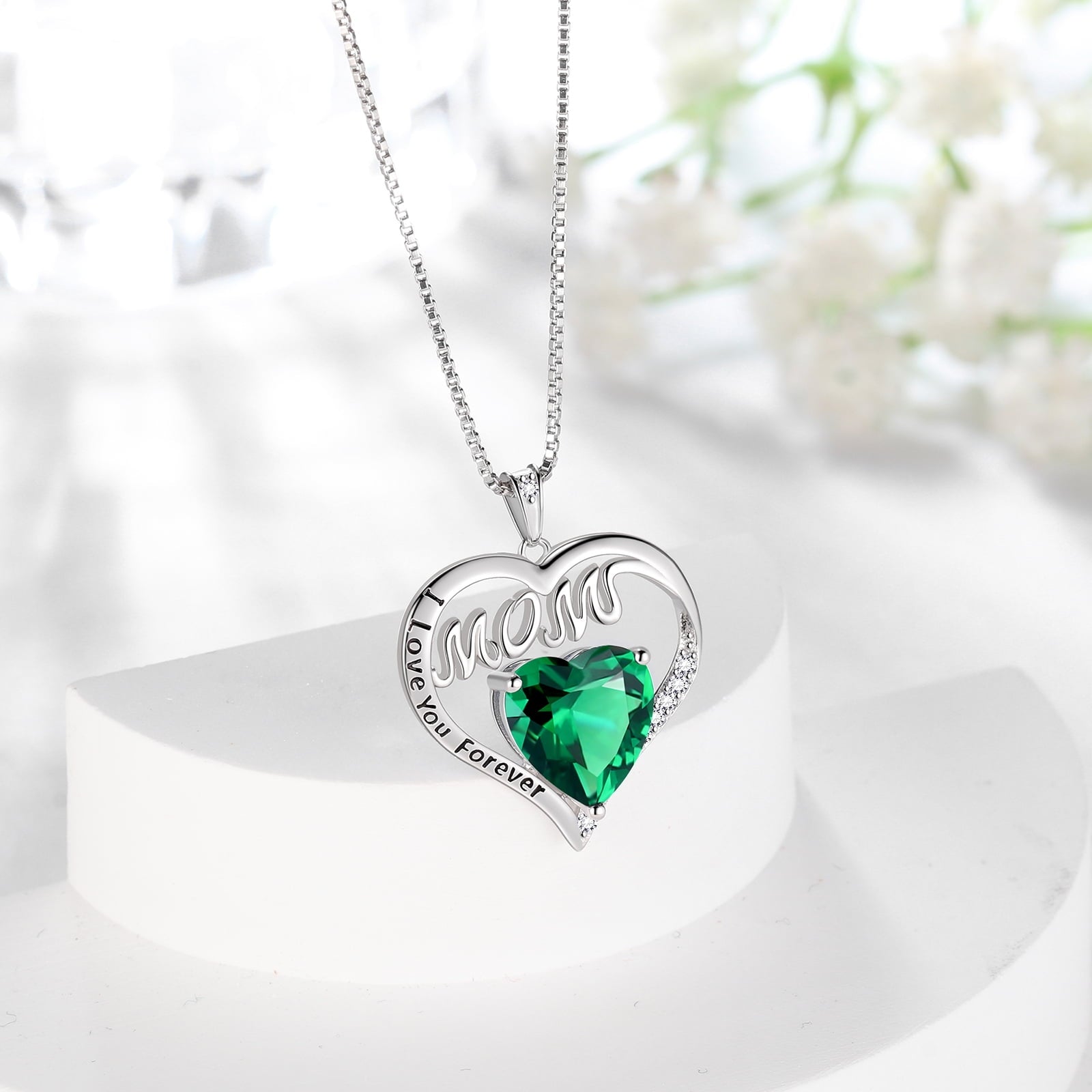 Women Necklace for Mom Grandma Mother's Day Gifts, Heart May Birthstone Necklace Emerald Green 925 Sterling Silver Pendant Christmas Jewelry - Aurora Tears