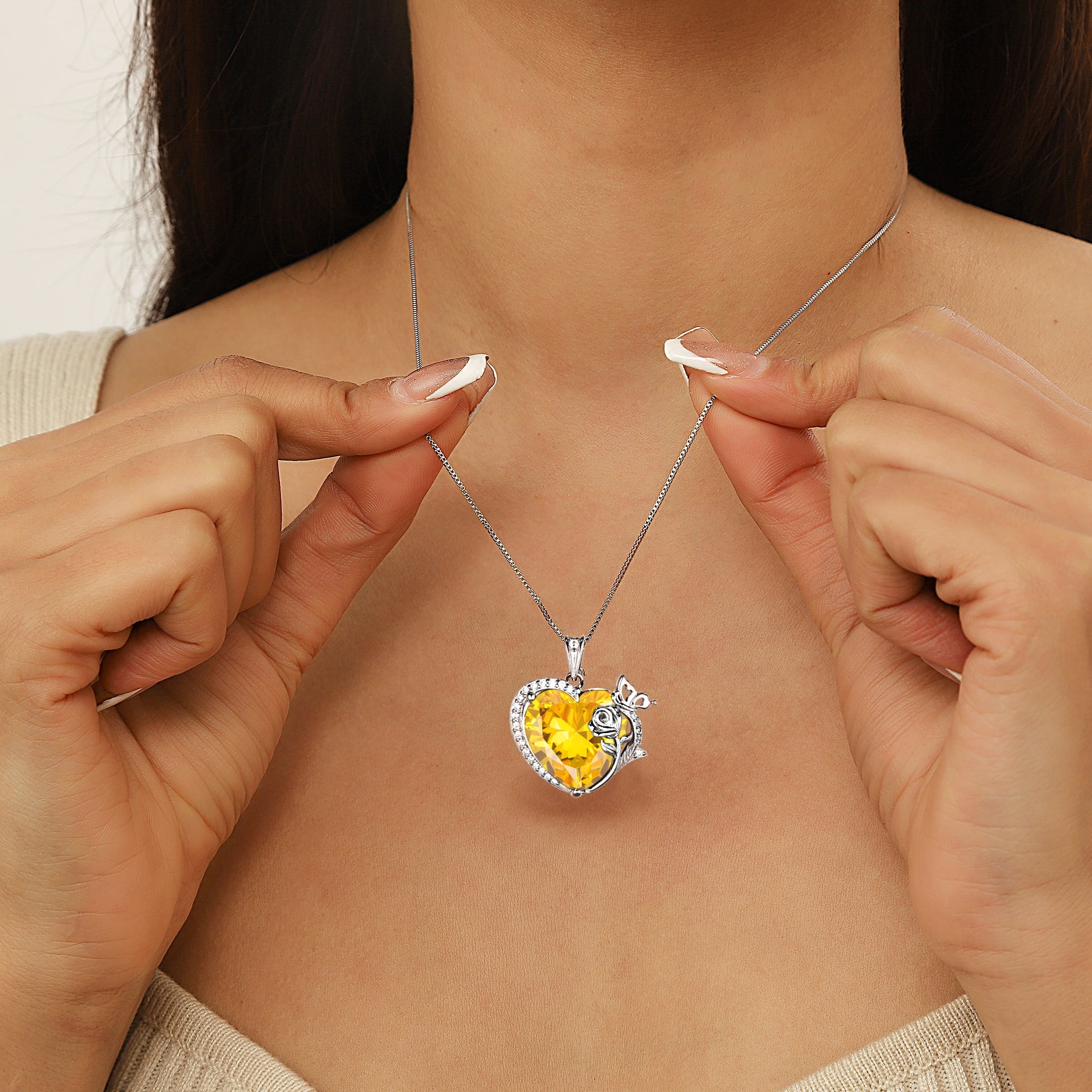 Women Necklace Butterfly Rose Flower Heart Pendant November Birthstone Citrine Yellow Jewelry 925 Sterling Silver Mom Christmas Birthday Gift - Aurora Tears