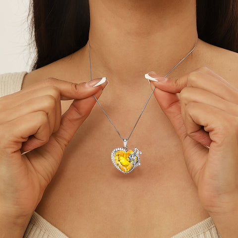 Women Necklace Butterfly Rose Flower Heart Pendant November Birthstone Citrine Yellow Jewelry 925 Sterling Silver Mom Christmas Birthday Gift - Aurora Tears