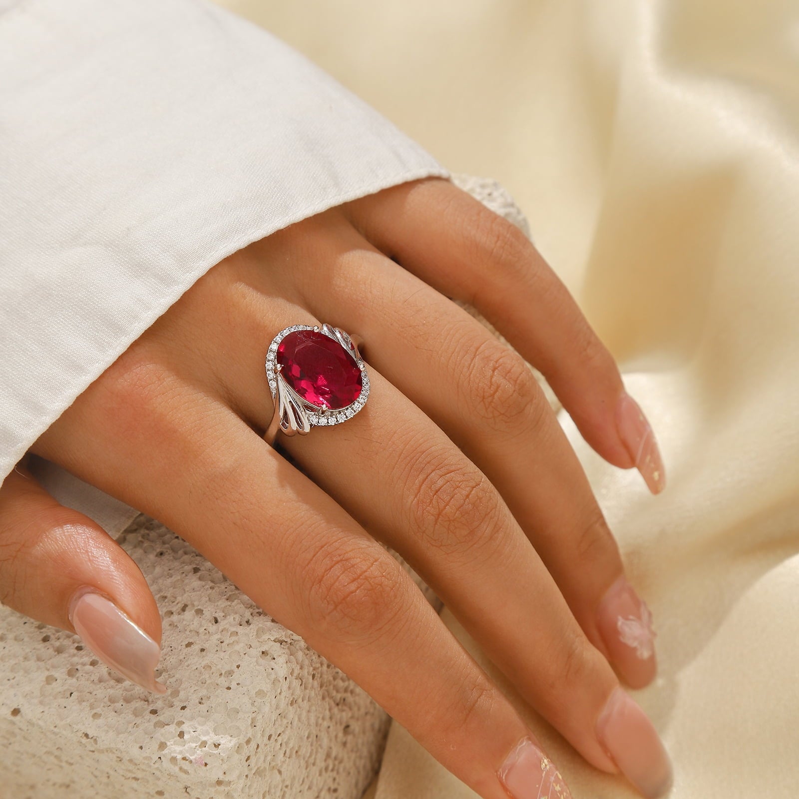 8Ct Oval Ruby Women Ring 925 Sterling Silver Halo July Birthstone Red Band Jewelry Mother Grandma Birthday Xmas Valentine's Day Gift - Aurora Tears