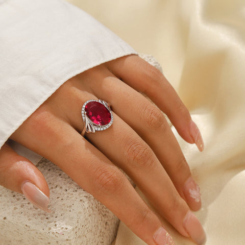 8Ct Oval Ruby Women Ring 925 Sterling Silver Halo July Birthstone Red Band Jewelry Mother Grandma Birthday Xmas Valentine's Day Gift - Aurora Tears