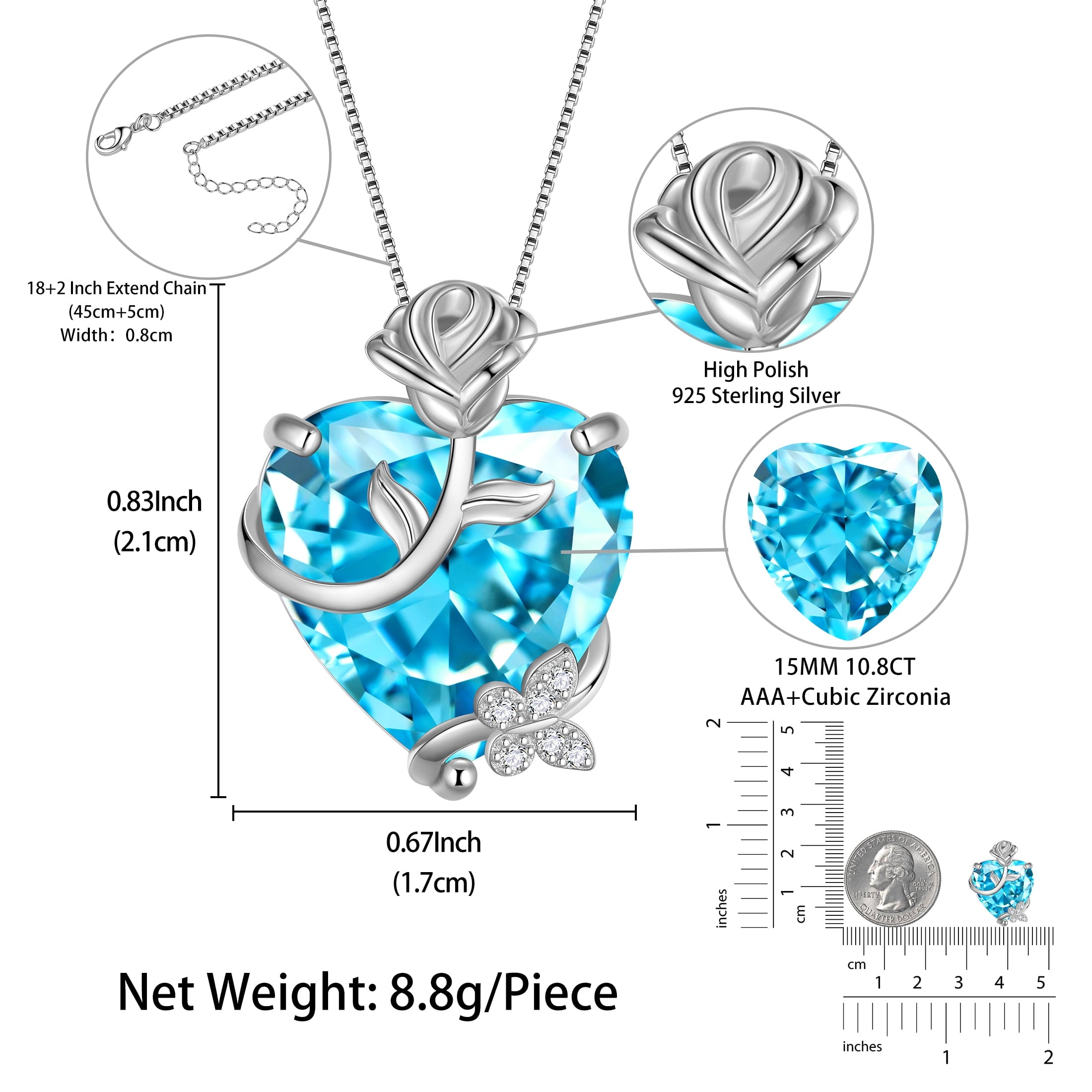 15MM Women Rose Heart Necklace March Birthstone 925 Sterling Silver Butterfly Flower Pendant Blue Aquamarine Jewelry Mom Birthday Valentines Gift - Aurora Tears