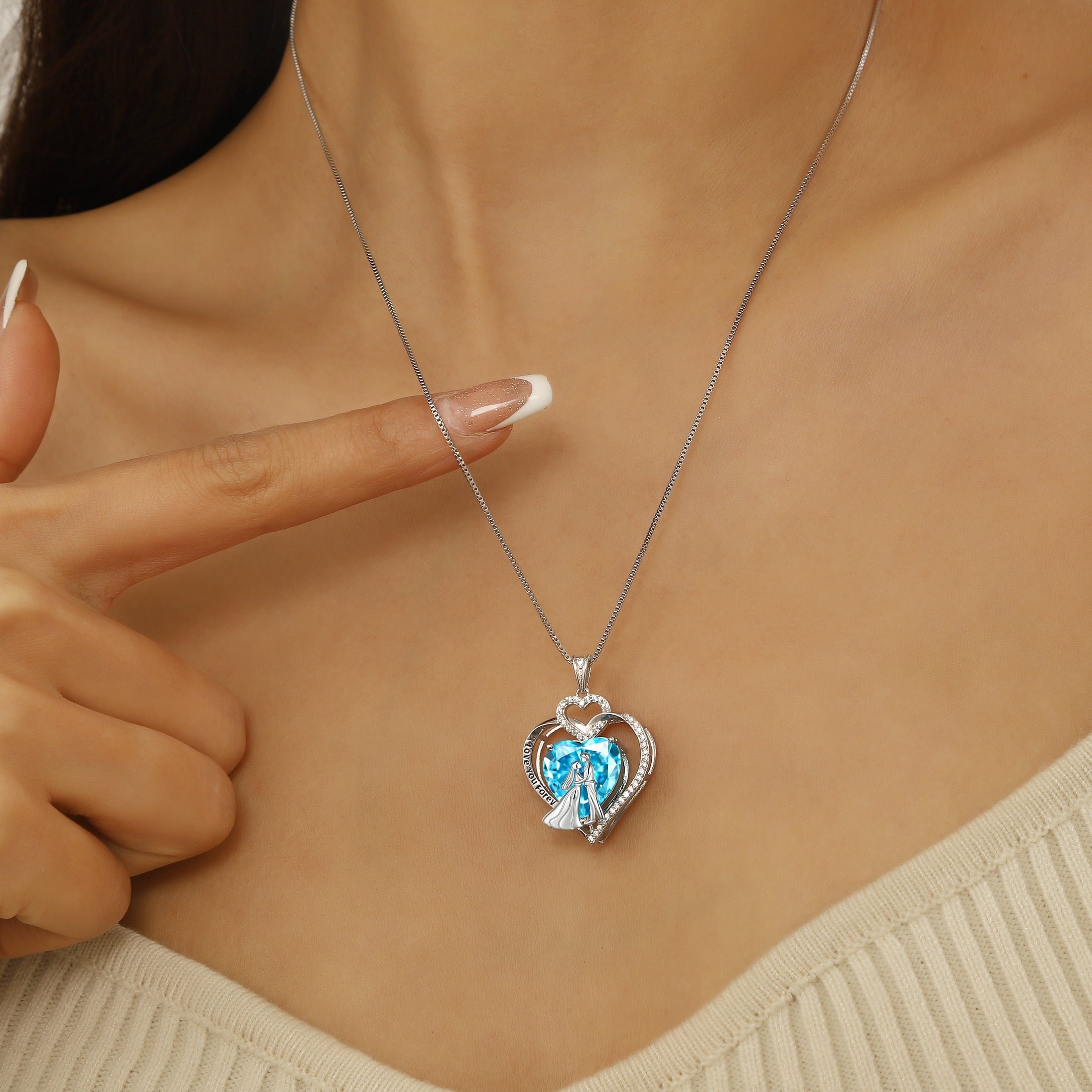 Couple Necklace for Women 925 Sterling Silver Heart March Birthstone Pendant Engraved I Love You Wedding Engagement Jewelry Valentines Day Gift for Wife Bride Her - Aurora Tears