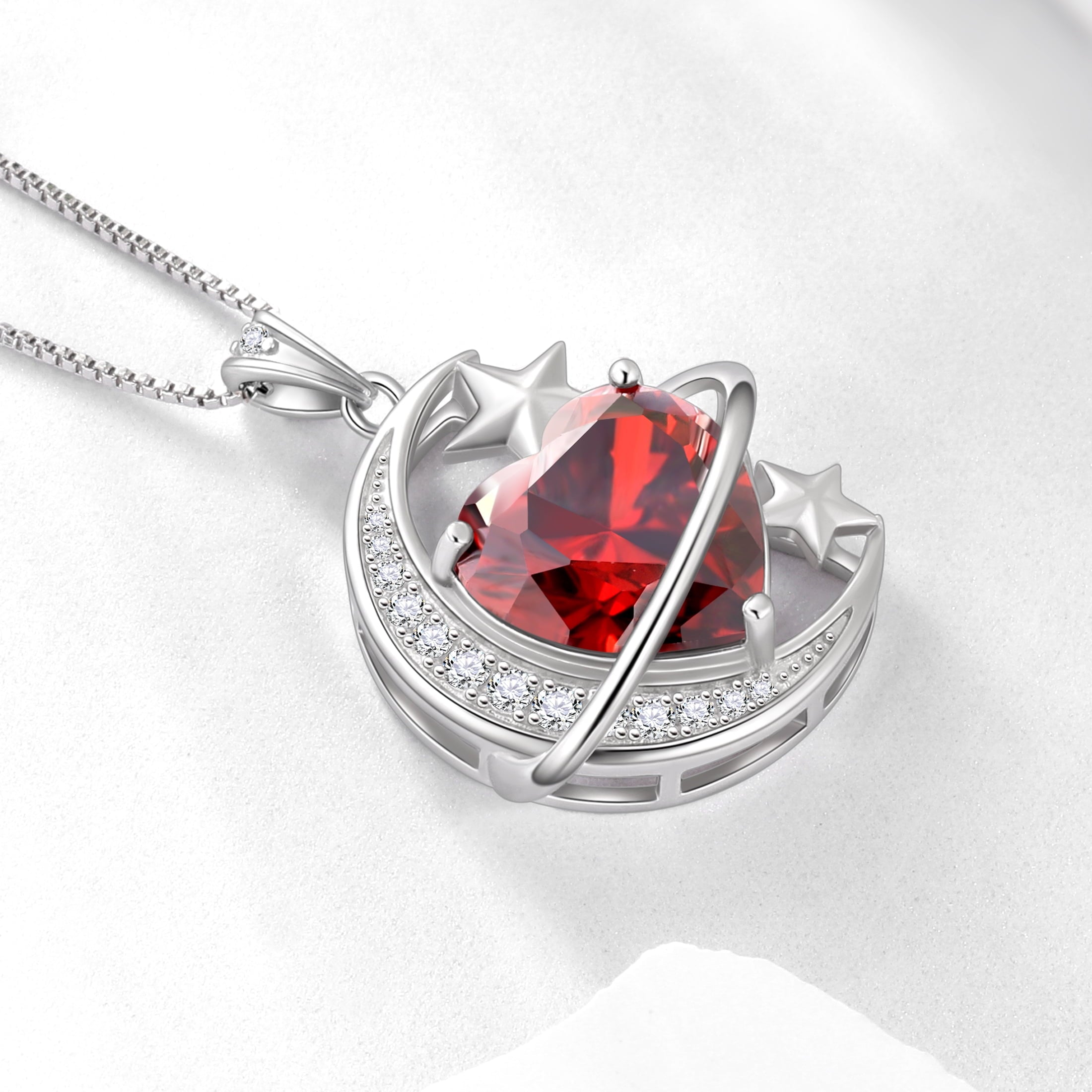 13MM Women Moon and Star Necklace Heart January Birthstone 925 Sterling Silver Pendant Planet Celestial Necklace Red Garnet Jewelry Birthday Valentine's Day Gift for Mother - Aurora Tears