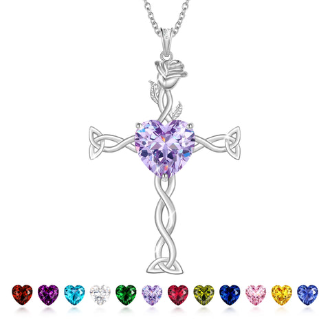 Juwaliy 925 Sterling Silver Plated Celtic Cross Necklace for Women,Birthstone Rose Flower Pendant Irish Jewelry Christmas Valentines Birthday Gift