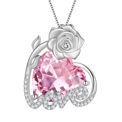 15MM Women Rose Necklace Love Heart Birthstone 925 Sterling Silver Pendant Jewelry Girls Gift