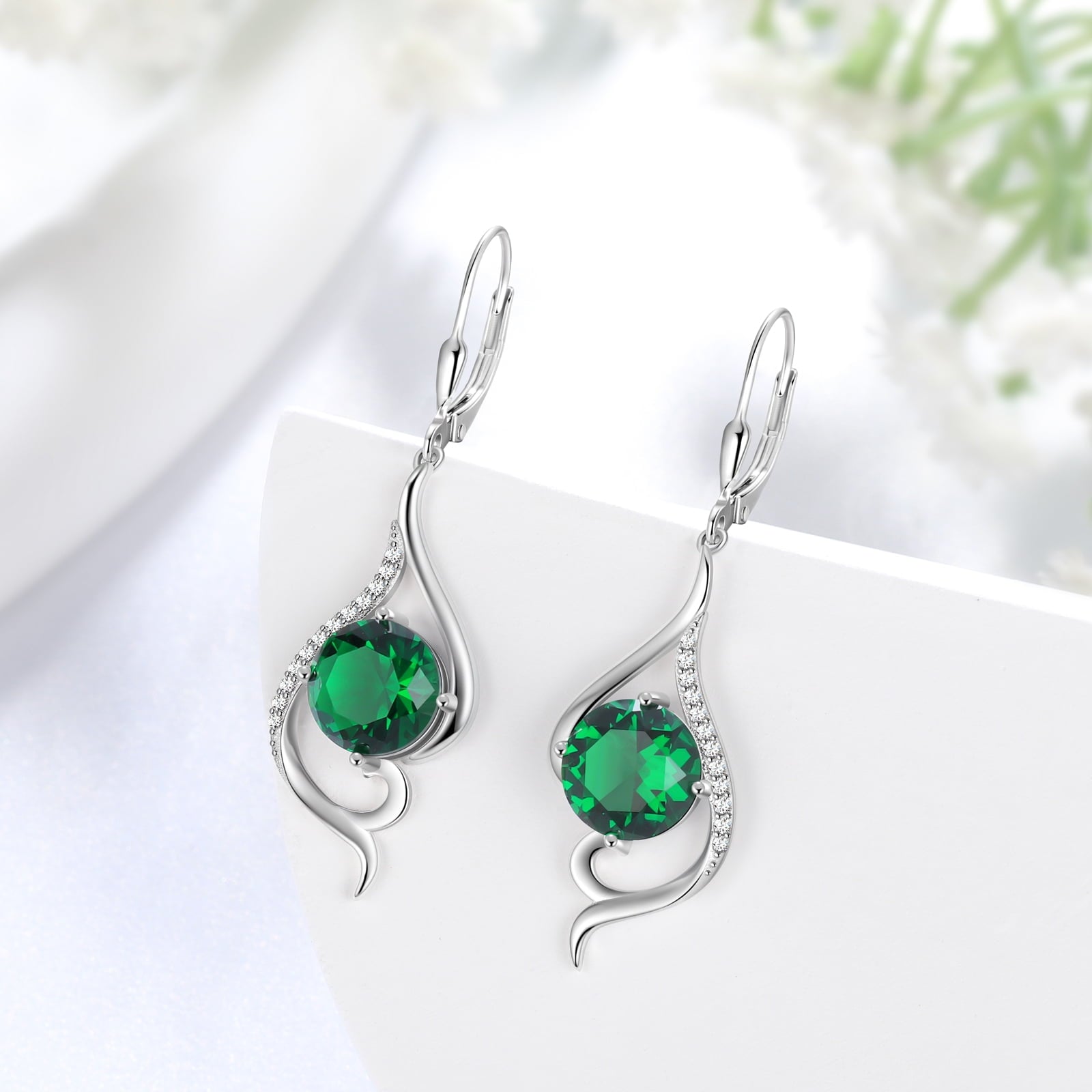 Women Dangle Earrings May Birthstone Earring Emerald Green 925 Sterling Silver Leverback Hanging Tail Jewelry Christmas Mother's Day Gift for Her/Mom/Grandma/Wife - Aurora Tears