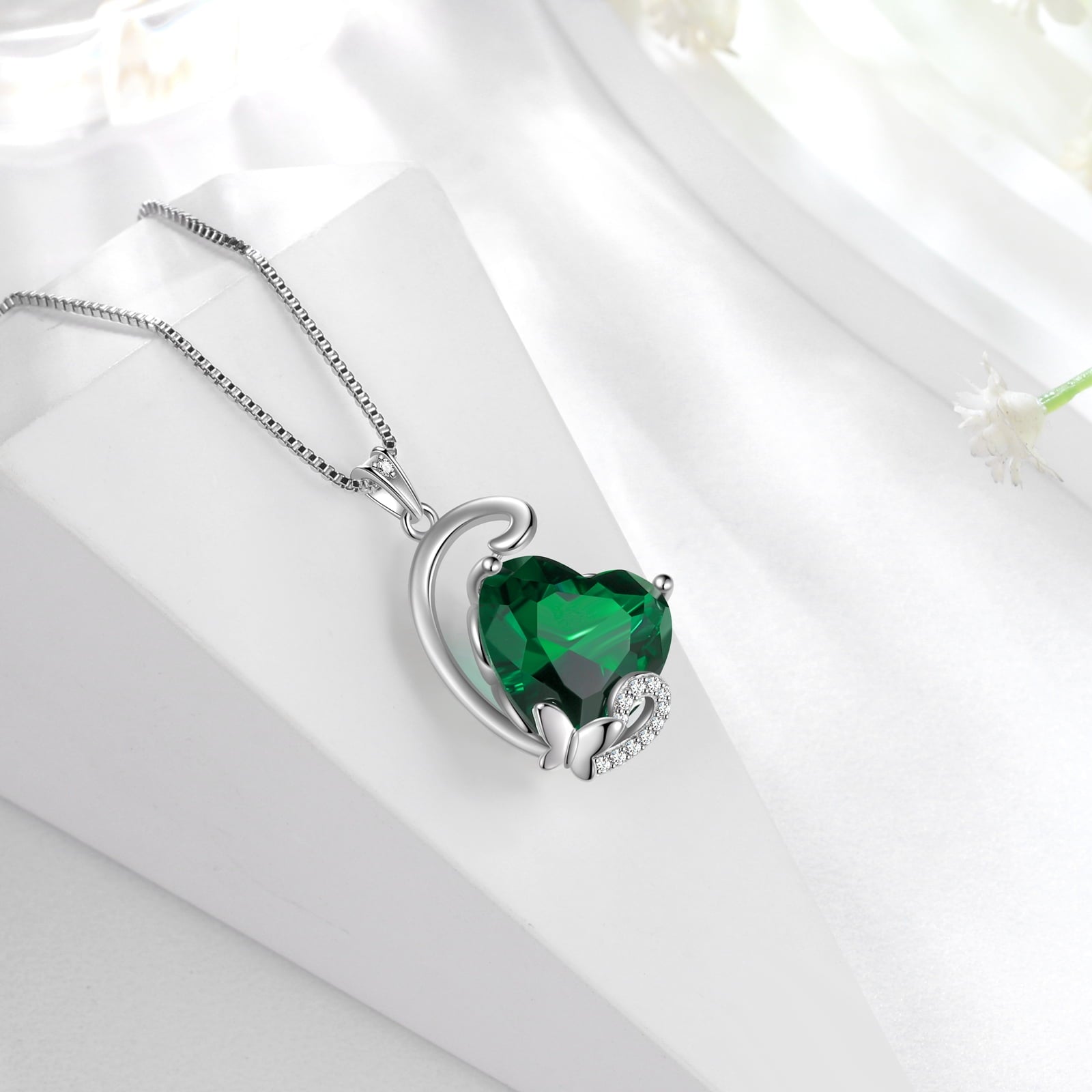 May Birthstone Heart Necklace Butterfly Pendant Green Emerald Sterling Silver Jewelry Women Birthday Christmas Mother's Day Gifts for Mom Grandma - Aurora Tears
