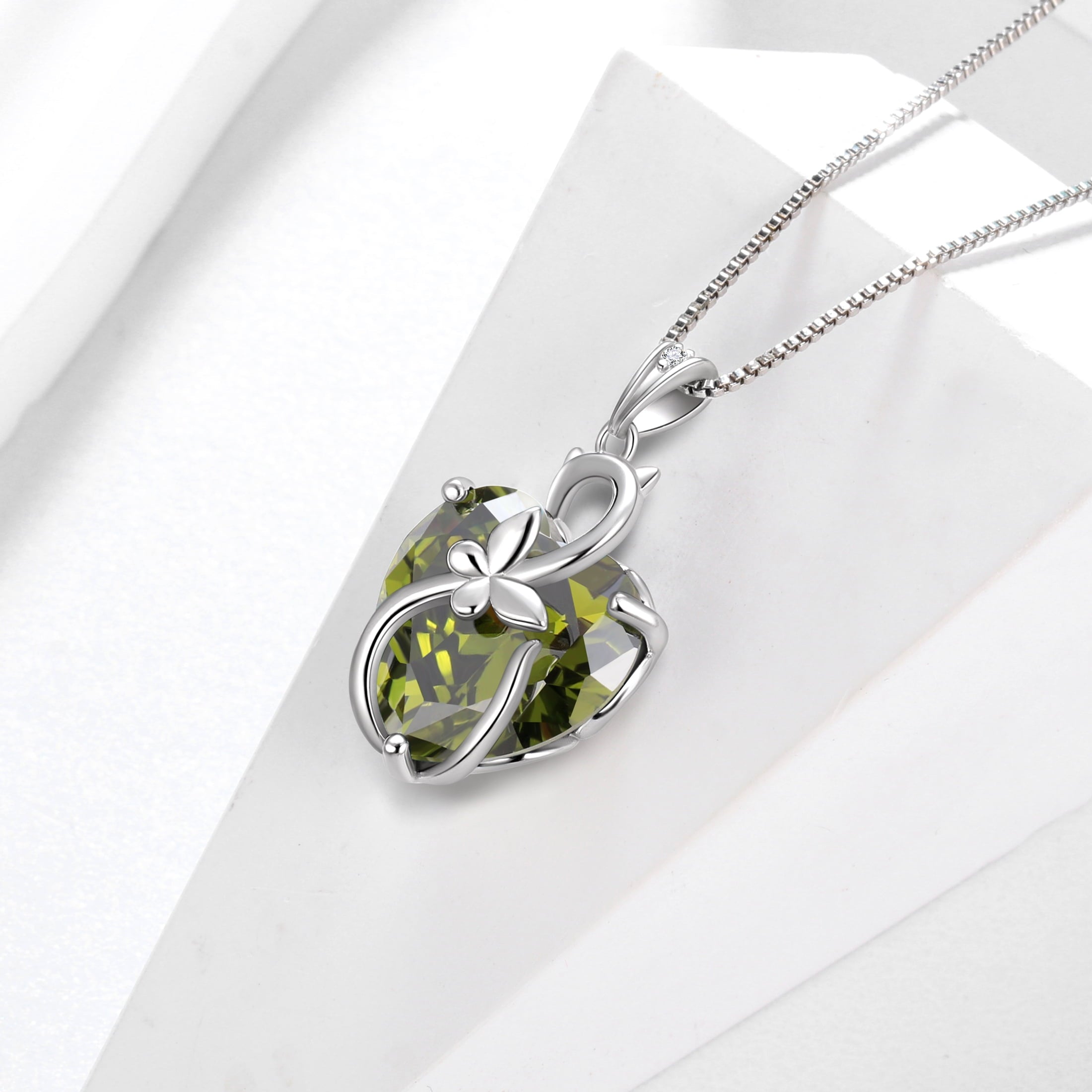 15MM Women Cat Necklace Heart August Birthstone 925 Sterling Silver Pendant Butterfly Green Peridot Jewelry Mom Christmas Birthday Gift - Aurora Tears