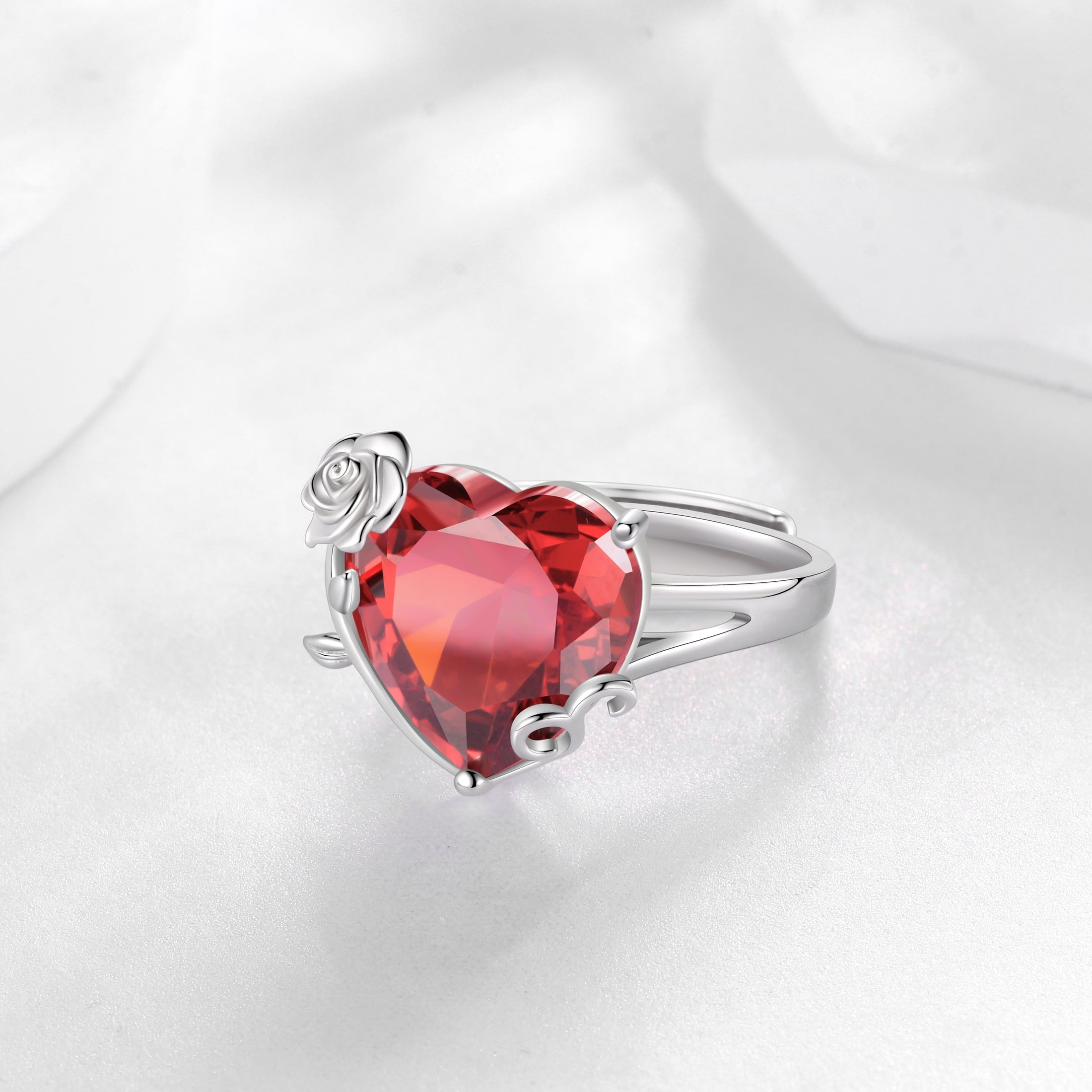 9Ct Women Heart Ring 925 Sterling Silver Rose Flower January Birthstone Red Garnet Solitaire Ring Jewelry Mother Birthday Valentine's Day Gift - Aurora Tears