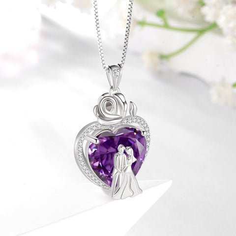 Couple Necklace for Women 925 Sterling Silver Heart February Birthstone Rose Flower Pendant Wedding Engagement Jewelry Valentines Day Gift for Her Wife/Girlfriend - Aurora Tears