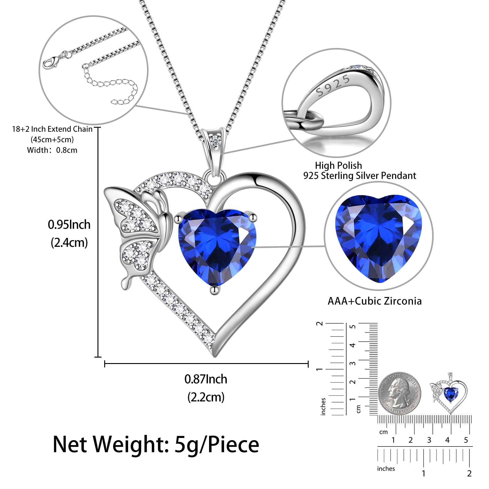 Women Blue Heart Necklace Butterfly September Birthstone Necklace Sapphire CZ 925 Sterling Silver Pendant Jewelry Birthday Mother's Day Gifts - Aurora Tears
