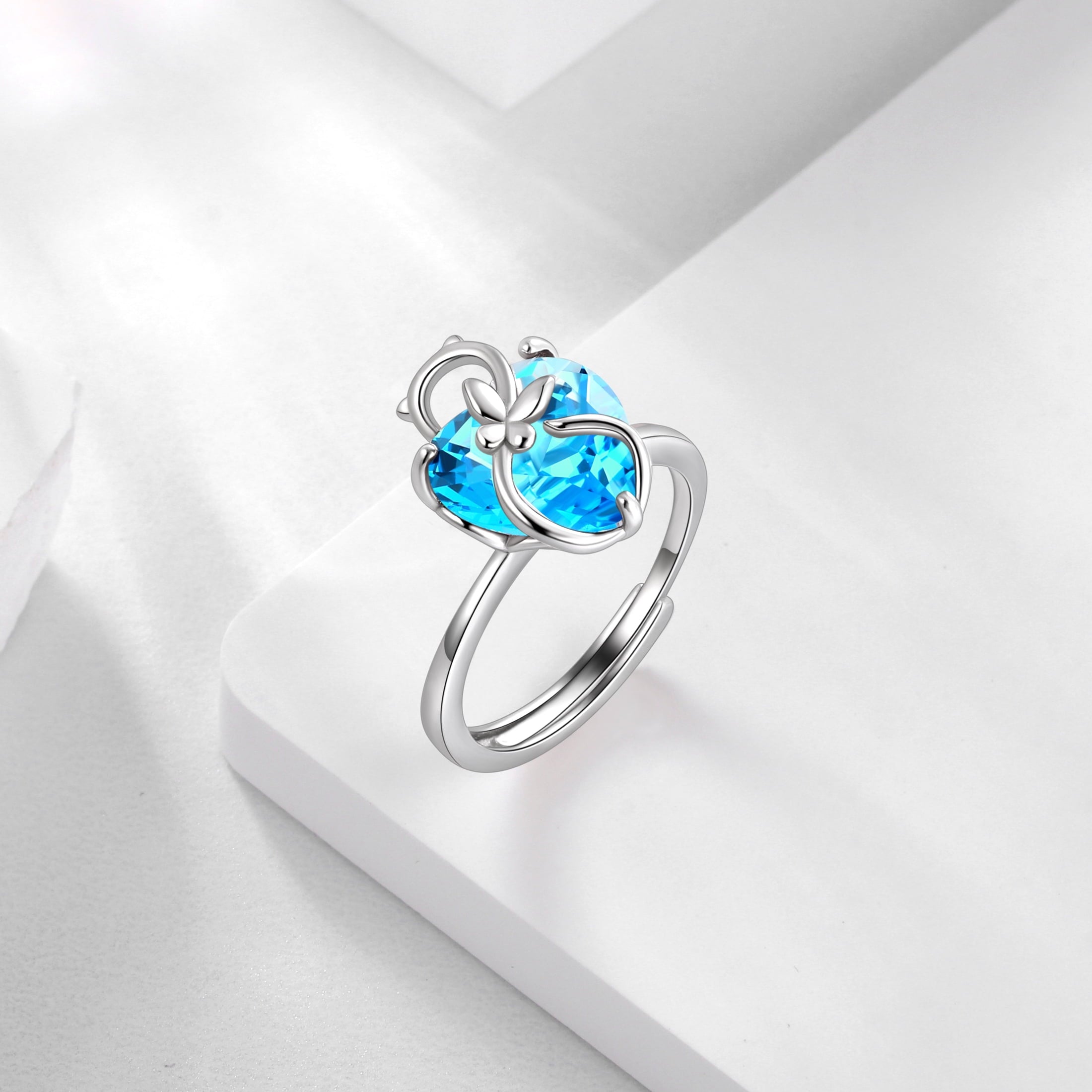 Women Heart Ring 925 Sterling Silver Butterfly March Birthstone Aquamarine Blue Solitaire Ring Jewelry Birthday Gift for Cat Lover Mother - Aurora Tears