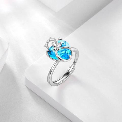 Women Heart Ring 925 Sterling Silver Butterfly March Birthstone Aquamarine Blue Solitaire Ring Jewelry Birthday Gift for Cat Lover Mother - Aurora Tears