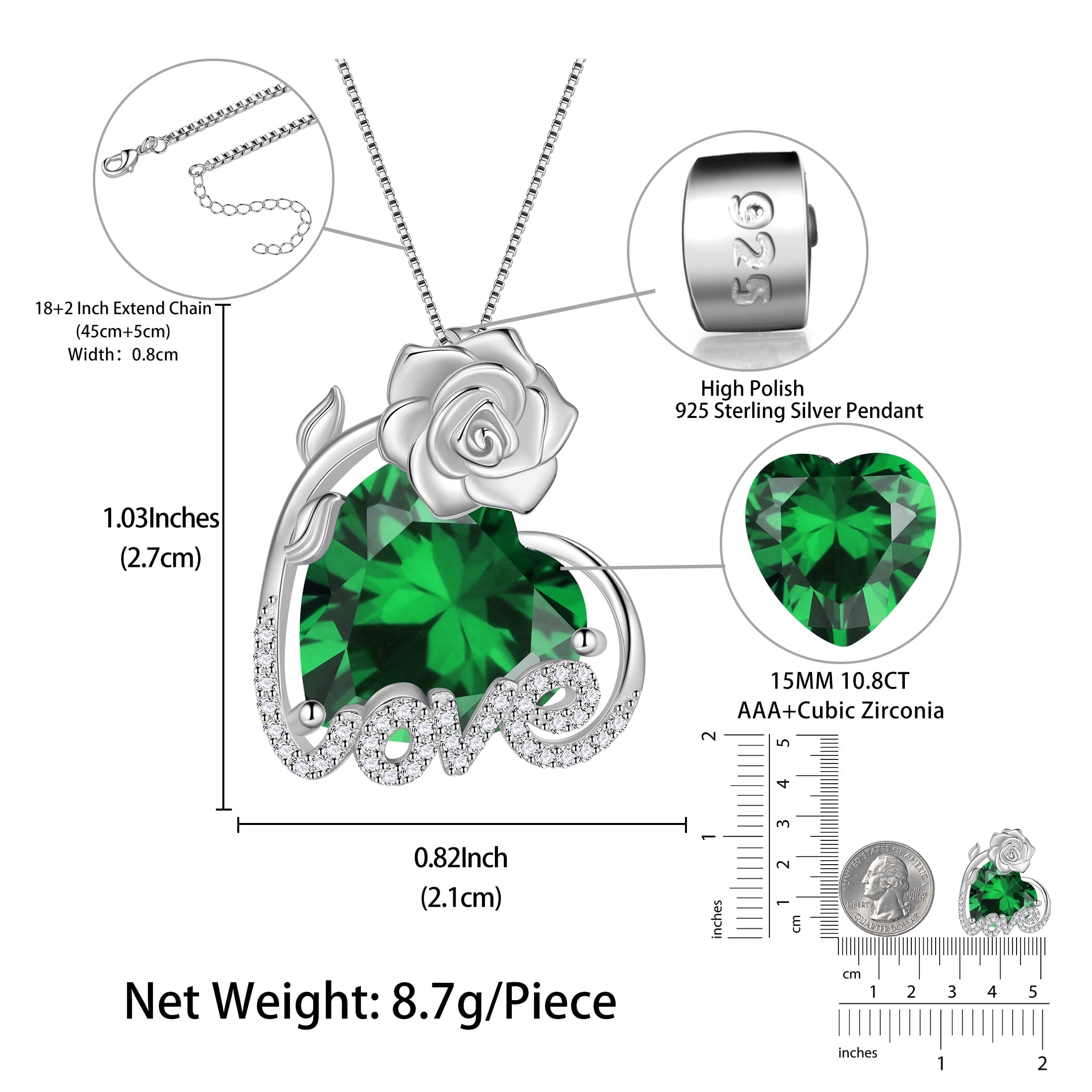 15MM Rose Heart Women Necklace May Birthstone 925 Sterling Silver Flower Love Pendant Green Emerald Jewelry Christmas Birthday Mothers Day Gift for Wife - Aurora Tears