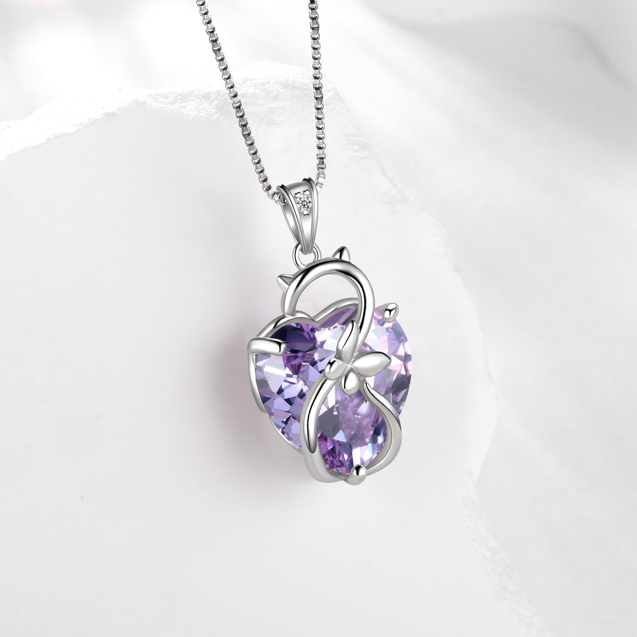 15MM Women Cat Necklace Heart June Birthstone 925 Sterling Silver Pendant Purple Alexandrite Butterfly Jewelry Birthday Cat Lover Gift - Aurora Tears