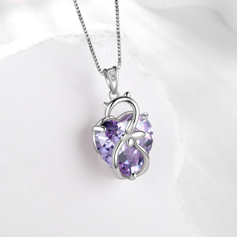 15MM Women Cat Necklace Heart June Birthstone 925 Sterling Silver Pendant Purple Alexandrite Butterfly Jewelry Birthday Cat Lover Gift - Aurora Tears