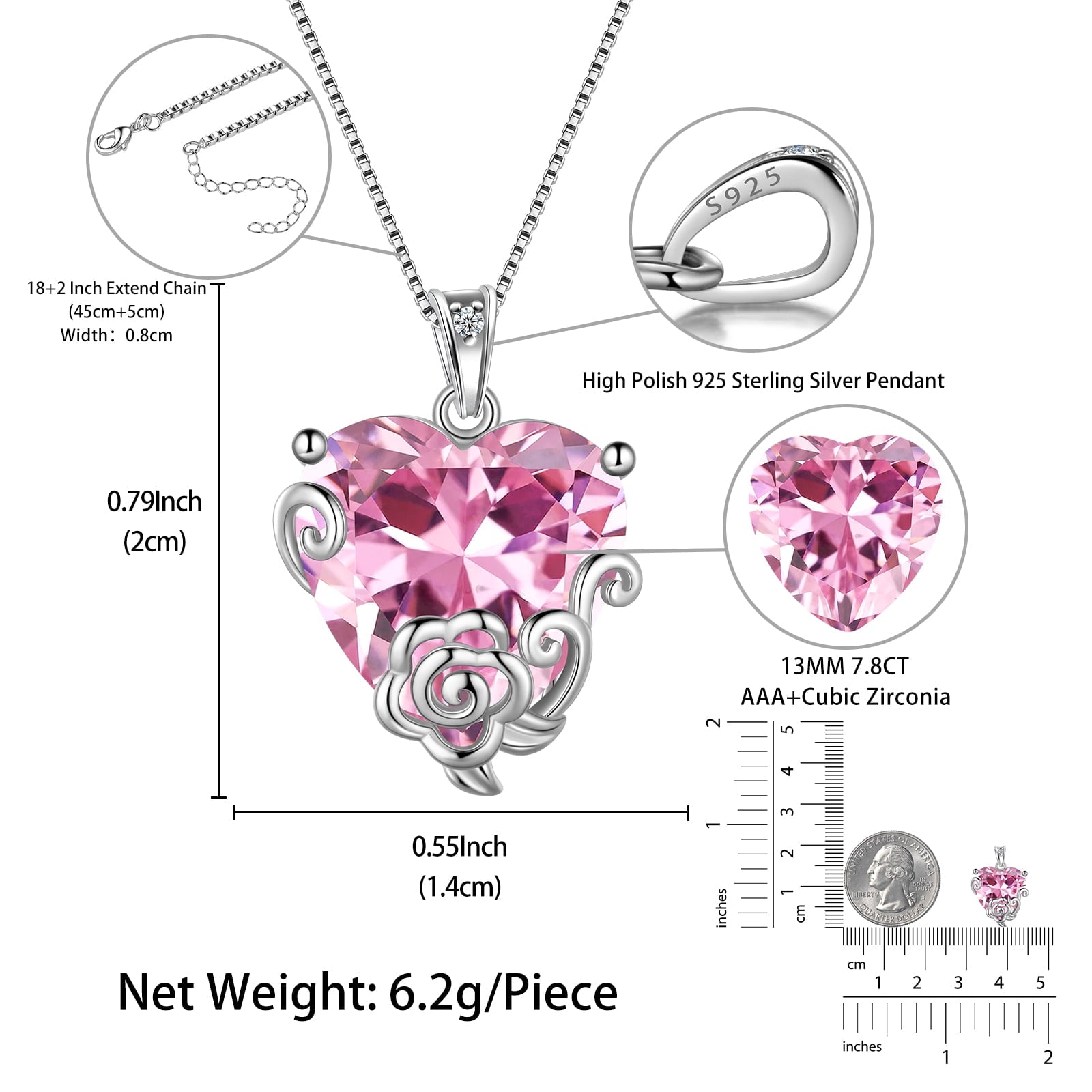 Women Heart Necklace October Birthstone Tourmaline Jewelry Pink 925 Sterling Silver Rose Flower Pendant Birthday Christmas Valentine's Day Gifts - Aurora Tears