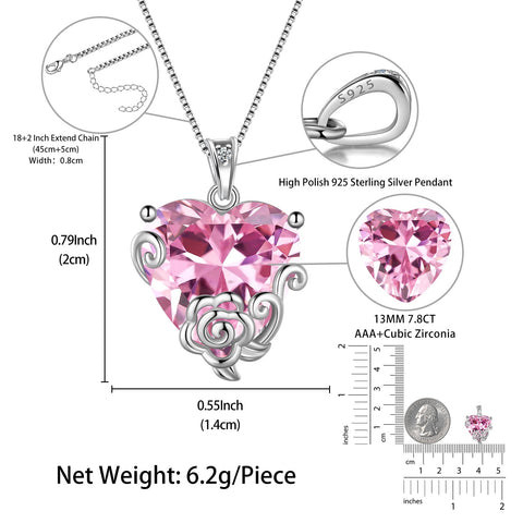 Women Heart Necklace October Birthstone Tourmaline Jewelry Pink 925 Sterling Silver Rose Flower Pendant Birthday Christmas Valentine's Day Gifts - Aurora Tears