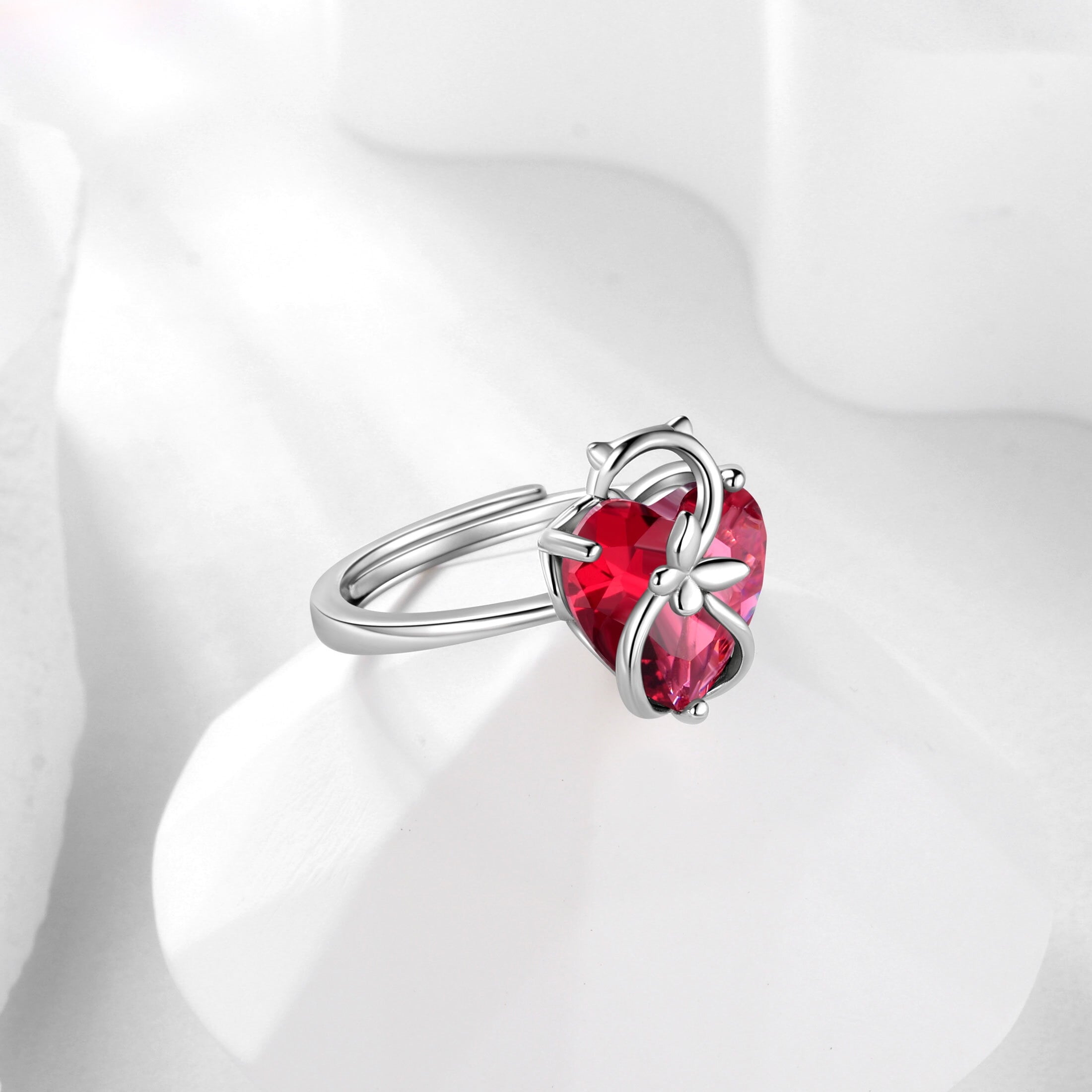 Women Heart Ring 925 Sterling Silver Cat Butterfly July Birthstone Ruby Red Solitaire Ring Jewelry Mother Birthday Valentine's Day Gift - Aurora Tears
