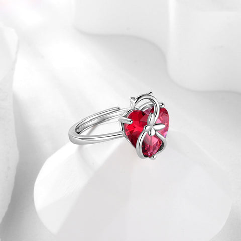Women Heart Ring 925 Sterling Silver Cat Butterfly July Birthstone Ruby Red Solitaire Ring Jewelry Mother Birthday Valentine's Day Gift - Aurora Tears