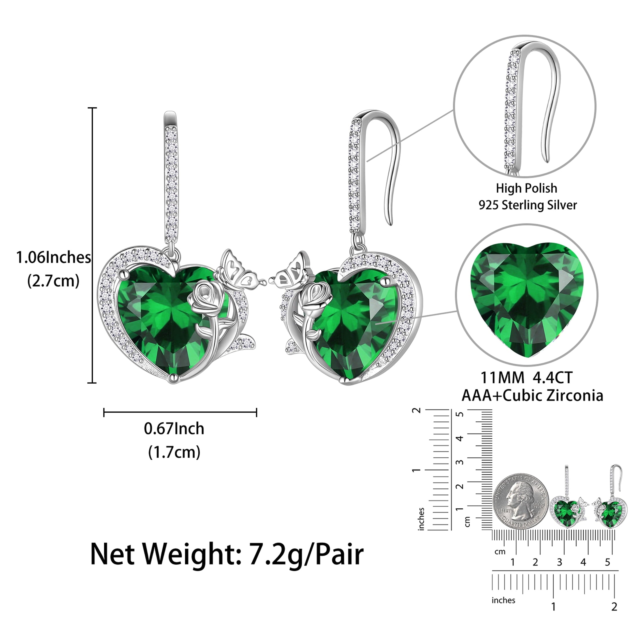 Women May Birthstone Drop Earrings Heart Emerald Green Butterfly Rose Jewelry 925 Sterling Silver Hook Earring Birthday Mother's Day Gift - Aurora Tears