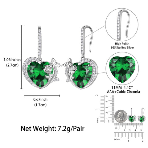 Women May Birthstone Drop Earrings Heart Emerald Green Butterfly Rose Jewelry 925 Sterling Silver Hook Earring Birthday Mother's Day Gift - Aurora Tears