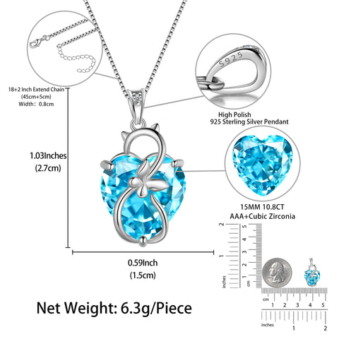15MM Women Cat Necklace Heart March Birthstone 925 Sterling Silver Pendant Blue Aquamarine Butterfly Jewelry Birthday Gift for Cat Lover - Aurora Tears